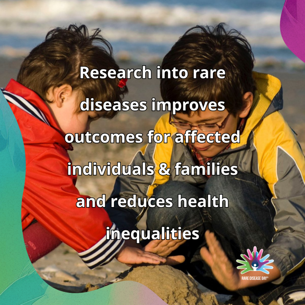 Image of children playing with the words research into rare diseases improves outcomes for individuals and families and reduces health inequalities.